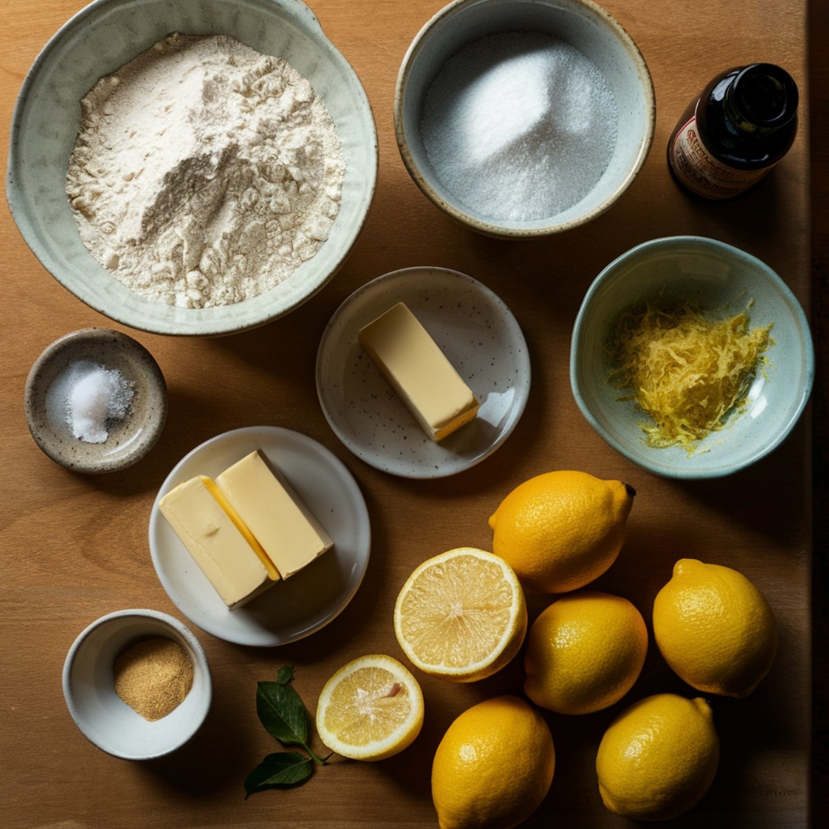 A top-down view of fresh ingredients for a lemon brownies recipe, including all-purpose flour, granulated sugar, unsalted butter, fresh lemons, lemon zest, vanilla extract, and salt. The ingredients are beautifully arranged on a rustic wooden surface, highlighting the bright citrus tones of the lemons against the neutral baking essentials. Perfect for creating soft, chewy, and tangy lemon brownies.