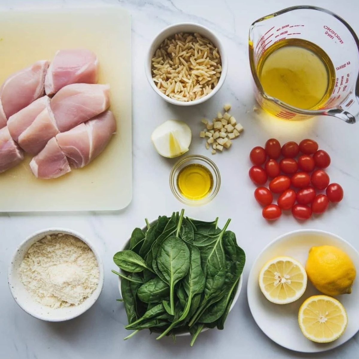 Fresh ingredients for One Pot Chicken Orzo Recipe, including raw chicken, orzo pasta, spinach, cherry tomatoes, lemon, garlic, Parmesan cheese, olive oil, and broth. A simple and flavorful one-pan meal.