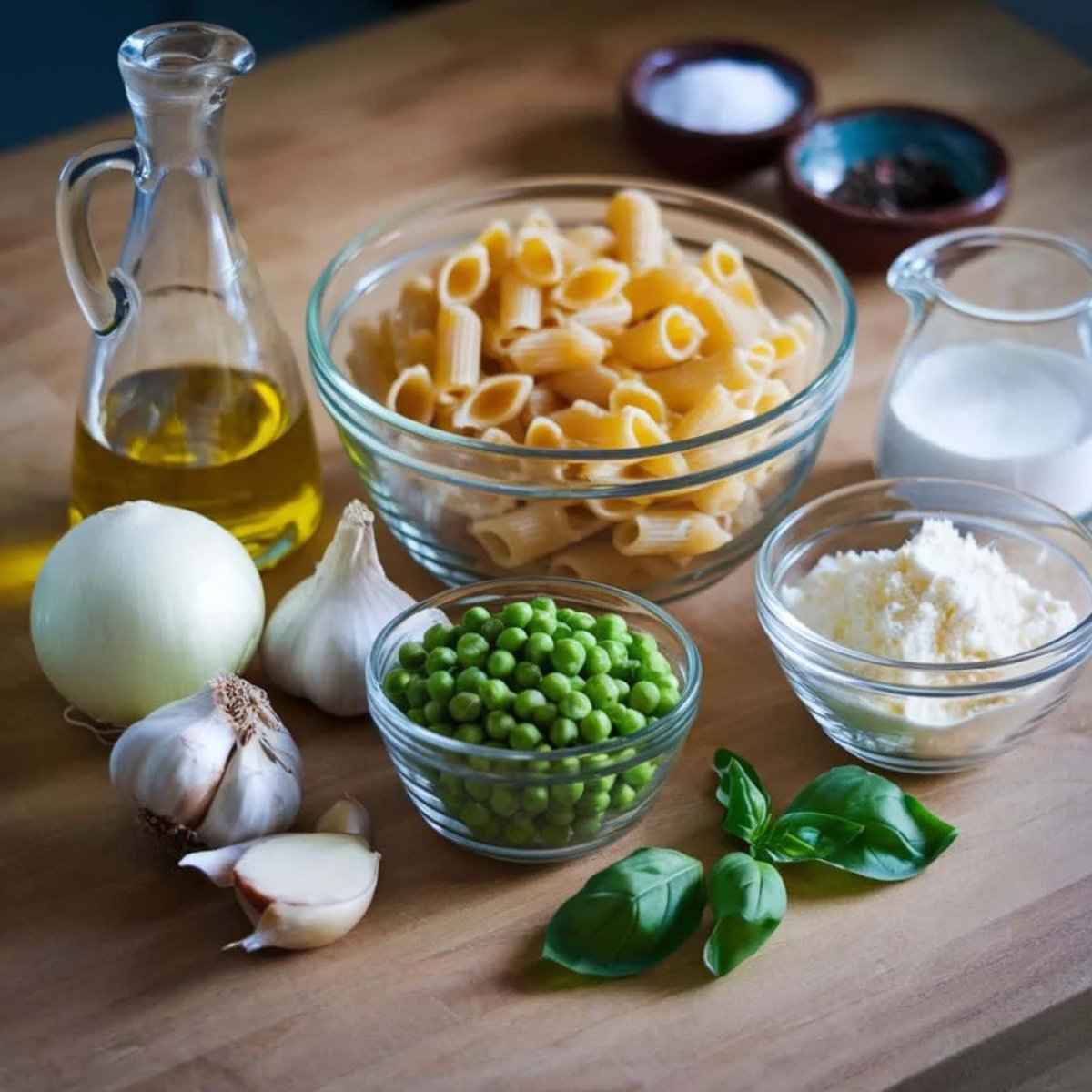 Fresh ingredients for Pasta and Peas Recipe, including rigatoni pasta, green peas, Parmesan cheese, garlic, onion, basil, olive oil, cream, salt, and pepper. A simple and delicious dish made with pantry staples.