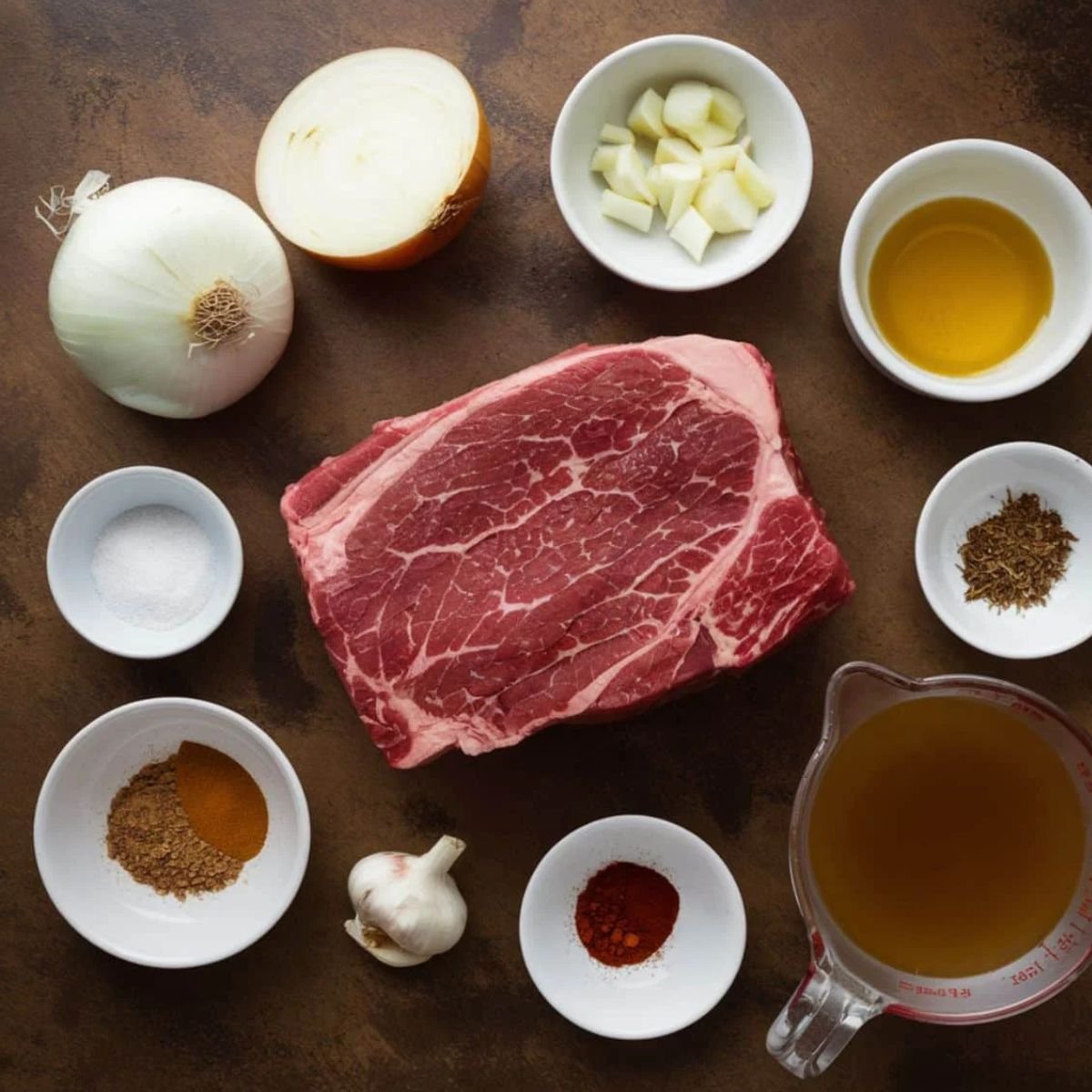 Fresh ingredients for a Beef Taquitos recipe, including raw beef, onions, garlic, spices, broth, and oil. The perfect seasoning blend for a flavorful and juicy taquito filling.