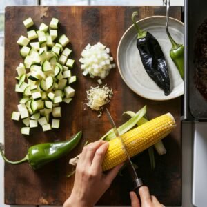 Preparing fresh ingredients for an authentic Calabacitas recipe on a rustic wooden cutting board. Diced zucchini, chopped onions, minced garlic, roasted poblano peppers, and fresh corn being cut from the cob highlight the vibrant and wholesome elements of this traditional Mexican zucchini dish.