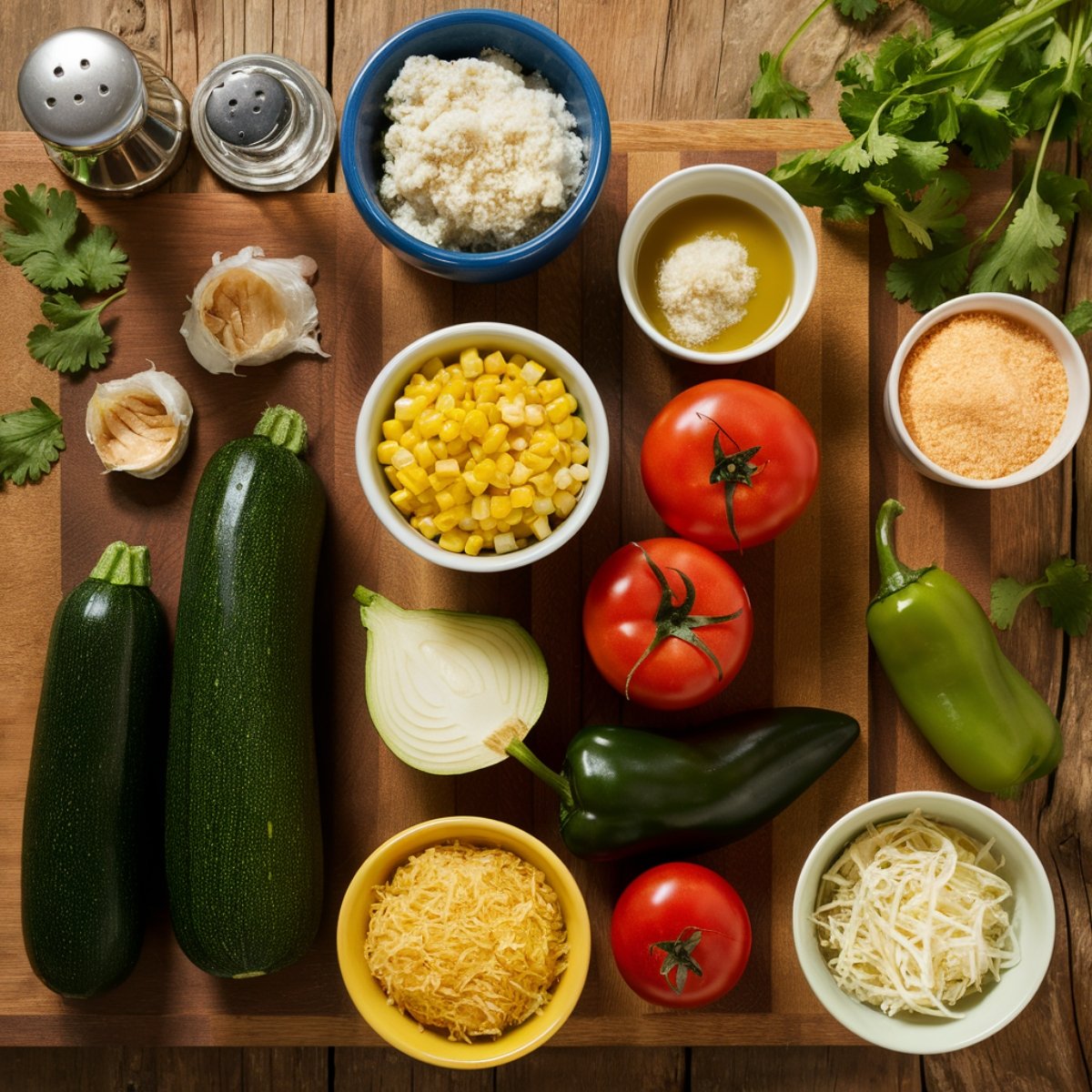 Fresh and vibrant ingredients for an authentic Calabacitas recipe, including zucchini, corn, tomatoes, onions, poblano peppers, garlic, cheese, and cilantro, neatly arranged on a rustic wooden cutting board. These colorful and wholesome ingredients highlight the traditional Mexican zucchini dish, perfect for a flavorful and healthy meal.