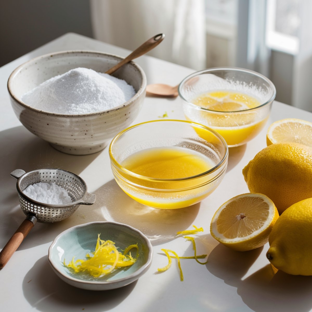 A bright and fresh kitchen scene featuring ingredients for the perfect lemon brownies recipe. A bowl of powdered sugar, freshly squeezed lemon juice in glass bowls, and vibrant yellow lemons are arranged on a clean countertop. Lemon zest is scattered around, highlighting the citrusy essence. The natural lighting enhances the freshness of the ingredients, making them ideal for a sweet and tangy lemon glaze.