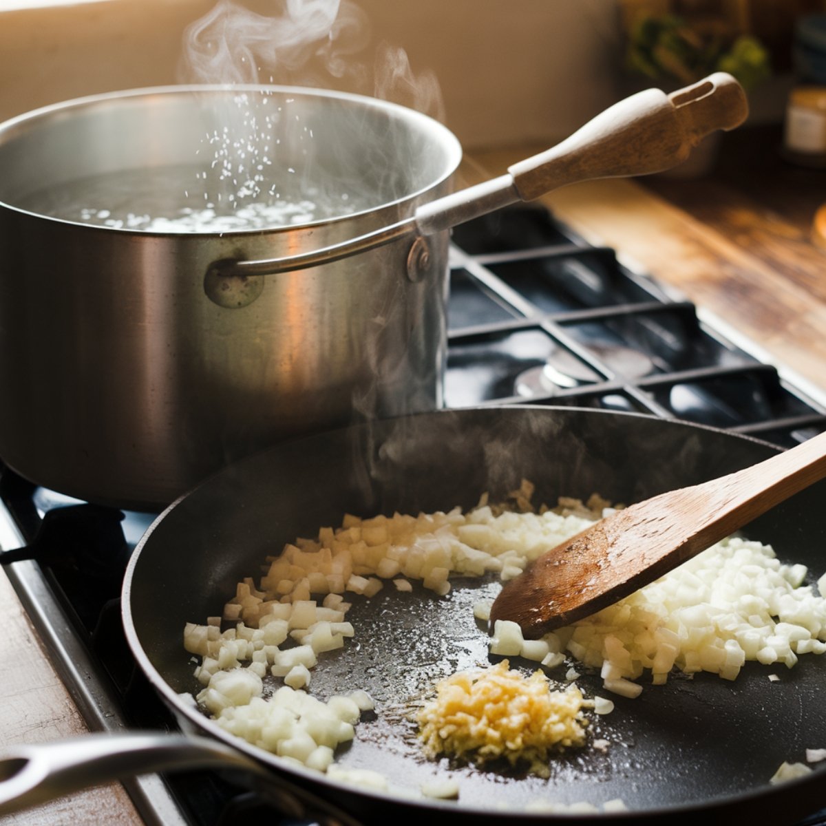 Cooking the base for Pasta and Peas Recipe with diced onions and minced garlic sautéing in a skillet, while a pot of salted water boils on the stovetop. A key step in building rich flavor for this creamy pasta dish.