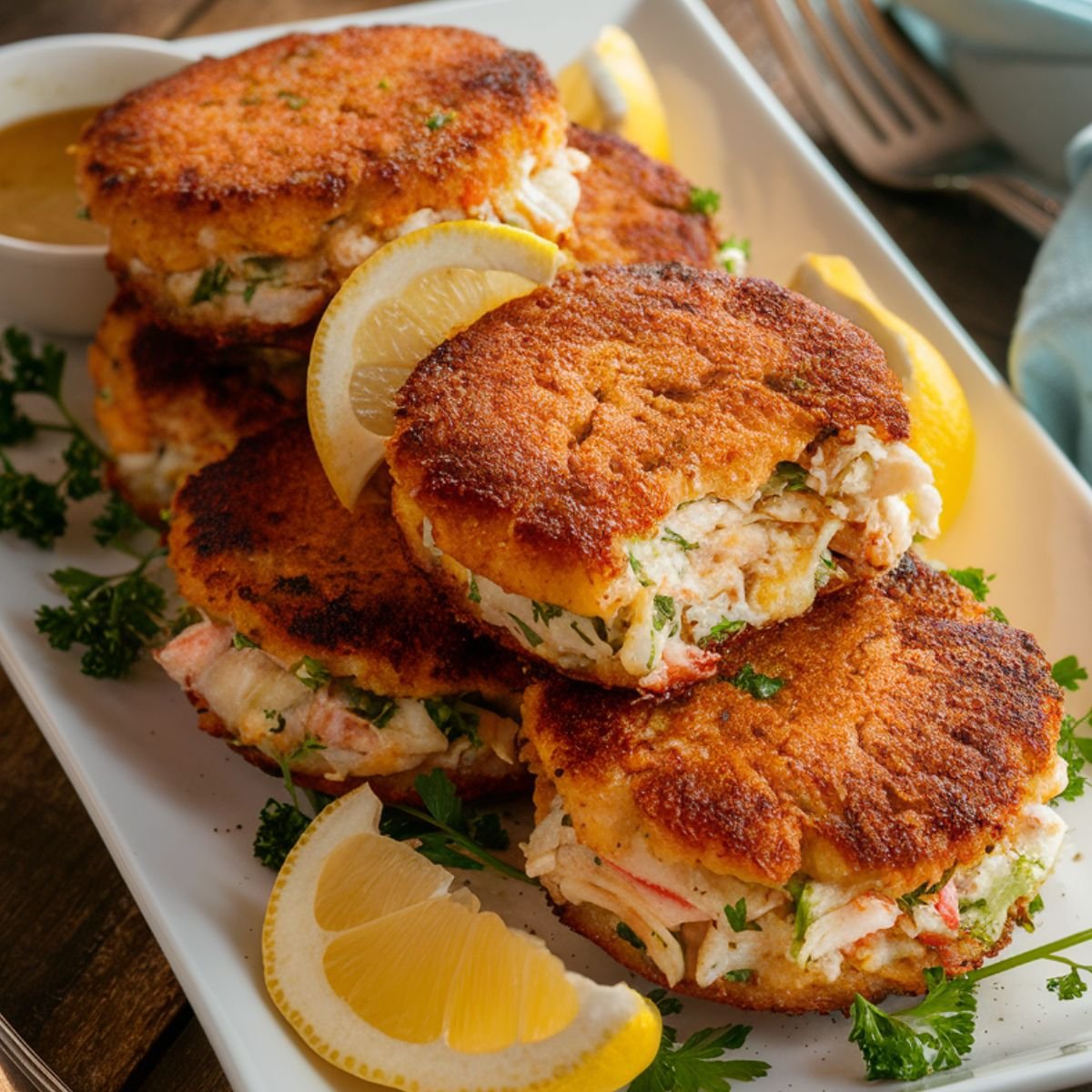 A plate of Gluten Free Crab Cake Recipe with a golden, crispy crust and a tender, flaky interior filled with lump crab meat, fresh herbs, and seasonings. The crab cakes are stacked on a white platter, garnished with parsley and lemon wedges for a fresh, zesty touch. A small dish of dipping sauce sits beside the plate, adding extra flavor. The rustic wooden table and soft natural lighting create a warm, inviting presentation.