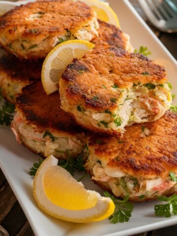 A plate of golden brown Gluten-Free Crab Cake Recipe, crispy on the outside and filled with tender lump crab meat, fresh herbs, and seasonings. The crab cakes are stacked on a white platter, garnished with fresh parsley and lemon wedges. A small dish of dipping sauce is placed nearby, adding a zesty complement to the dish. The warm lighting and rustic wooden table enhance the inviting, homemade feel of this delicious seafood recipe.