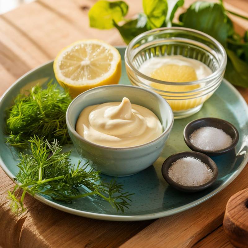 A fresh and vibrant display of ingredients for a Gluten-Free Crab Cake Recipe featuring a homemade Lemon-Herb Aioli. The setup includes a bowl of creamy mayonnaise, freshly squeezed lemon juice in a glass dish, and a halved lemon for garnish. Fresh dill sprigs add a bright herbal touch, while two small bowls contain sea salt and granulated sugar for seasoning. The ingredients are arranged on a rustic wooden surface with natural lighting, enhancing the fresh and zesty appeal of this flavorful dipping sauce.