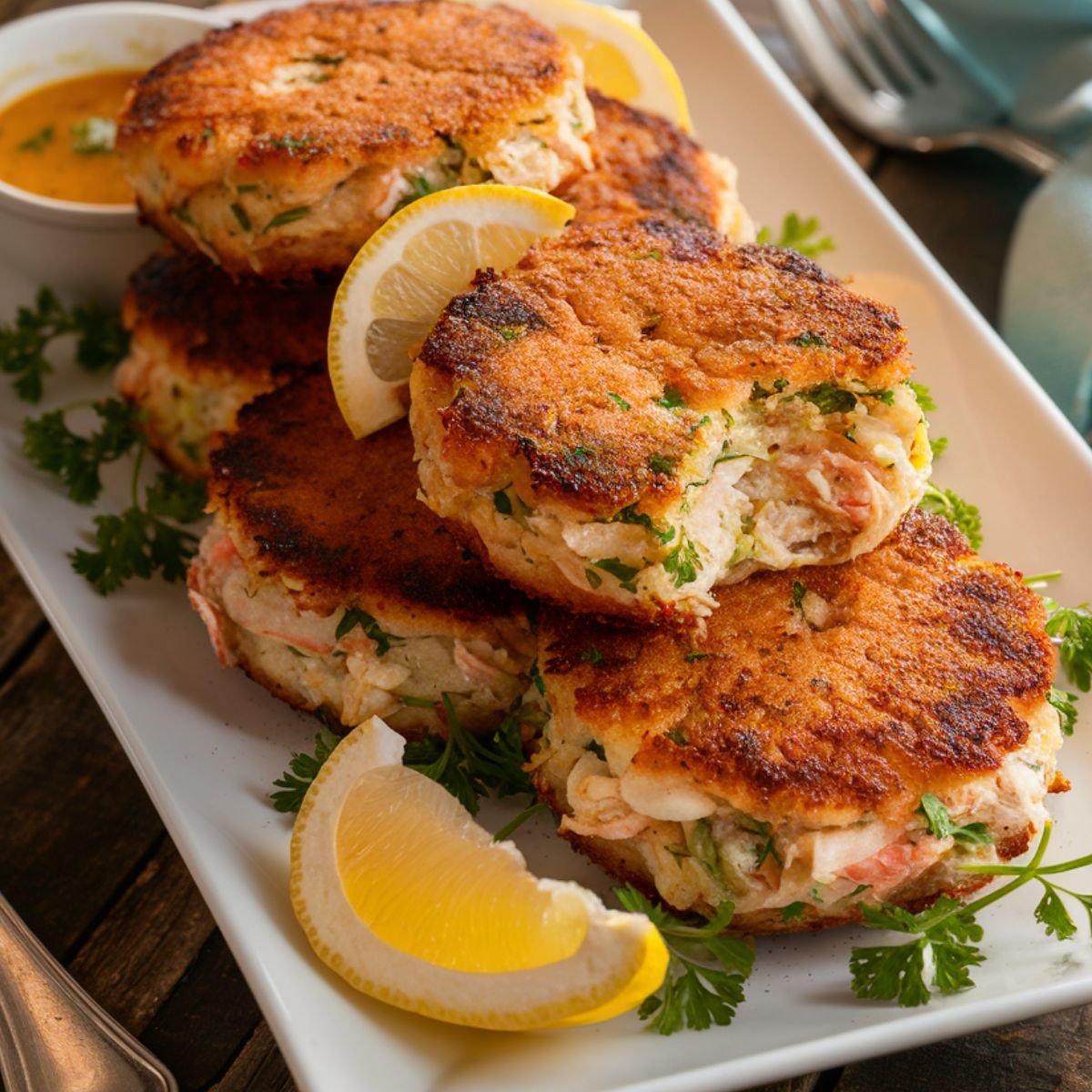 A plate of golden brown Gluten-Free Crab Cake Recipe, crispy on the outside and filled with tender lump crab meat, fresh herbs, and seasonings. The crab cakes are stacked on a white platter, garnished with fresh parsley and lemon wedges. A small dish of dipping sauce is placed nearby, adding a zesty complement to the dish. The warm lighting and rustic wooden table enhance the inviting, homemade feel of this delicious seafood recipe.