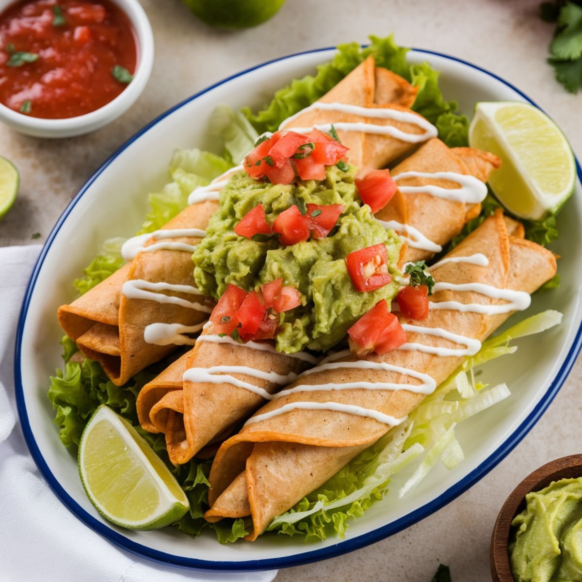 Golden crispy Beef Taquitos served on a plate with fresh guacamole, diced tomatoes, sour cream drizzle, and lime wedges. A delicious homemade Beef Taquitos recipe perfect for a Mexican-inspired meal.