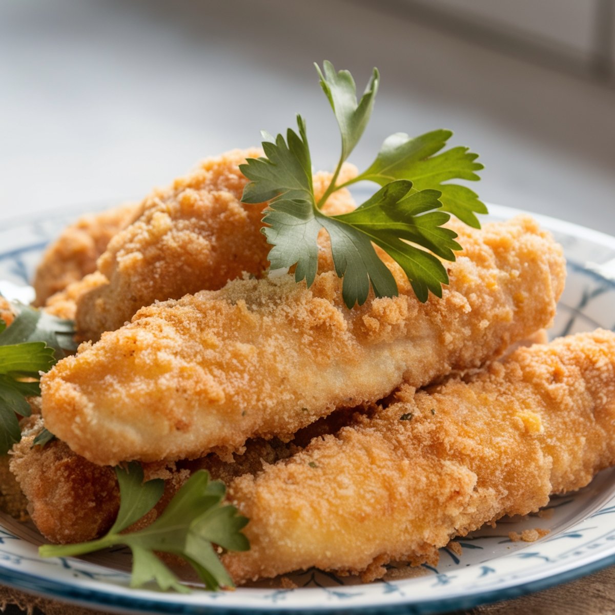 A plate of golden, crispy fried fish coated in a flavorful Hillbilly Fish Fry Seasonings Recipe, garnished with fresh parsley. The perfectly seasoned, crunchy exterior complements the tender, flaky fish inside, making it a delicious Southern-style dish.