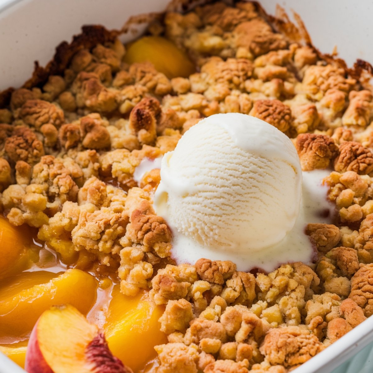 Golden peach crumble recipe topped with a scoop of vanilla ice cream. A warm, buttery, and crispy dessert featuring sweet baked peaches and a crunchy crumble topping, perfect for a comforting homemade treat.