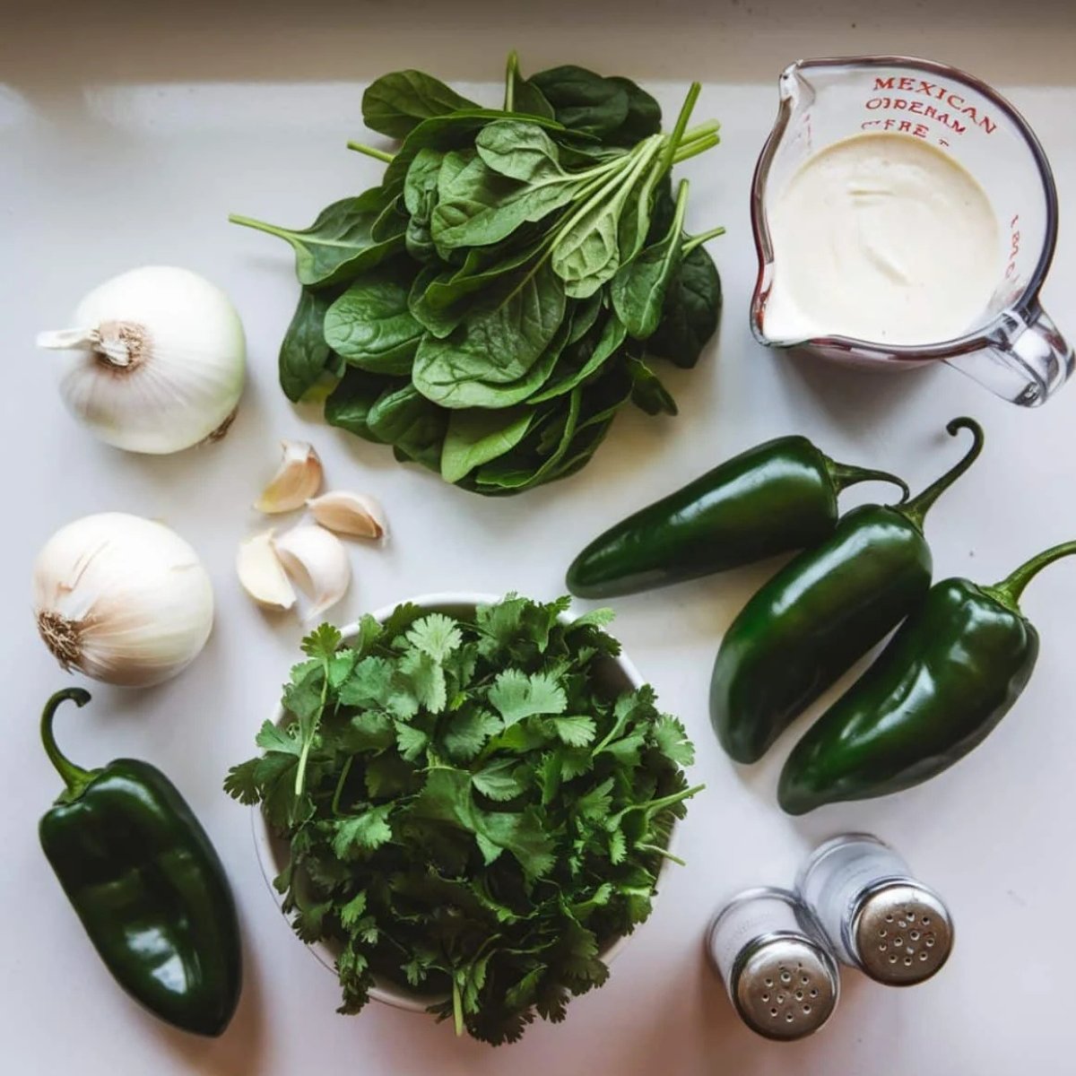 Fresh ingredients for Green Spaghetti Recipe, including spinach, cilantro, poblano peppers, jalapeños, garlic, onions, and Mexican crema. Perfect for making a creamy and flavorful green sauce for pasta.