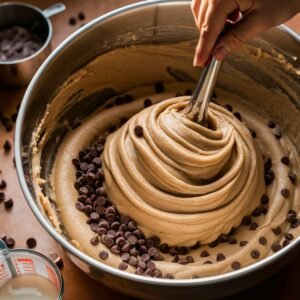 A creamy and smooth protein cookie dough mixture being stirred in a large mixing bowl, with rich chocolate chips scattered on top. This high-protein, no-bake cookie dough is a delicious and healthy alternative to traditional cookie dough, perfect for a guilt-free snack or dessert. Made with wholesome ingredients like protein powder, nut butter, and natural sweeteners.