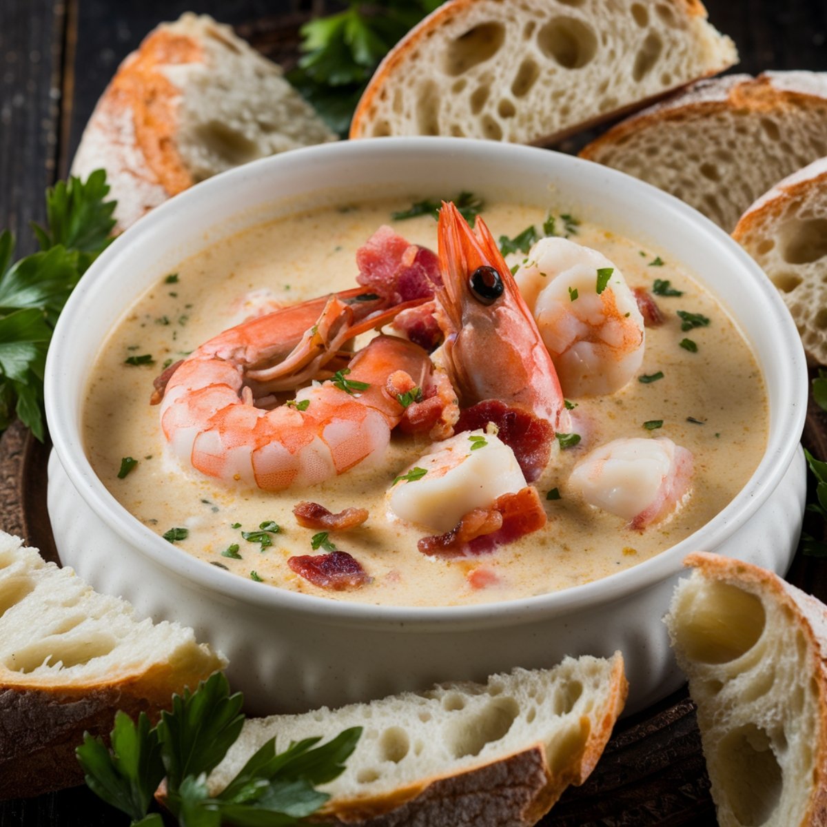 Hearty seafood chowder recipe with a creamy, flavorful broth, loaded with shrimp, scallops, and bacon. Garnished with fresh parsley and served with crusty bread for the perfect comforting seafood dish.