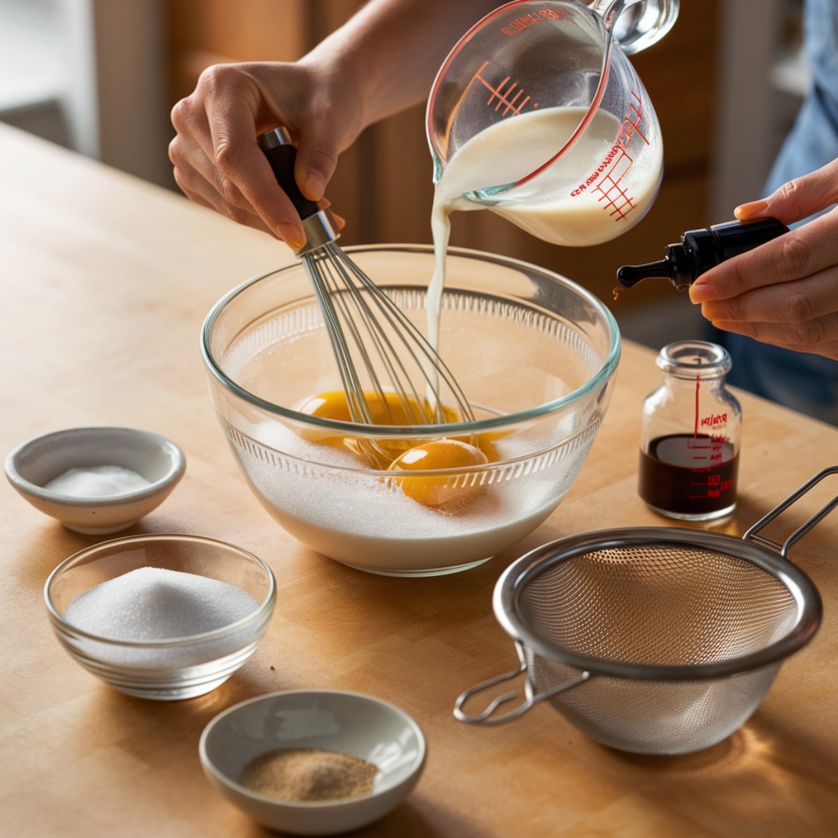 A home cook preparing Amish Baked Custard by whisking eggs, sugar, and milk in a glass bowl, with vanilla extract being added. Surrounded by key ingredients including sugar, salt, and spices, this scene captures the traditional homemade process of creating a rich and creamy classic comfort dessert.