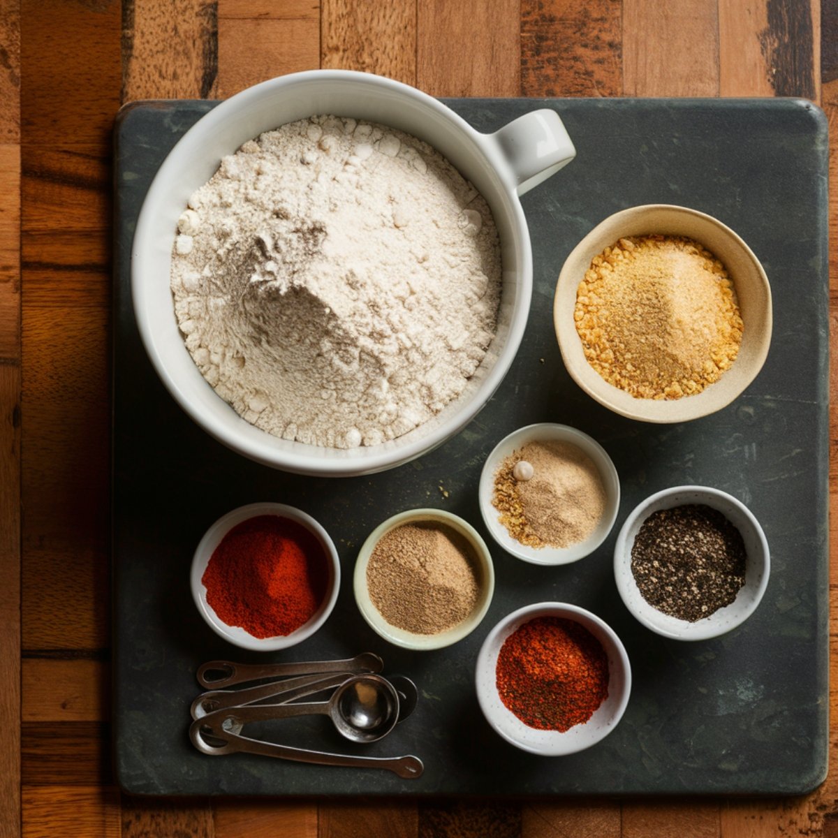 A top-down view of essential ingredients for a Hillbilly Fish Fry Seasonings Recipe, featuring a large bowl of all-purpose flour, cornmeal, paprika, black pepper, cayenne pepper, garlic powder, onion powder, and measuring spoons. This perfectly blended Southern-style seasoning mix is ideal for creating crispy and flavorful fried fish.