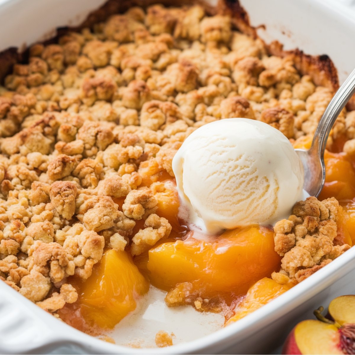 Homemade peach crumble recipe served warm with a scoop of vanilla ice cream. A golden, buttery crumble topping over sweet, baked peaches, making a delicious and comforting dessert.