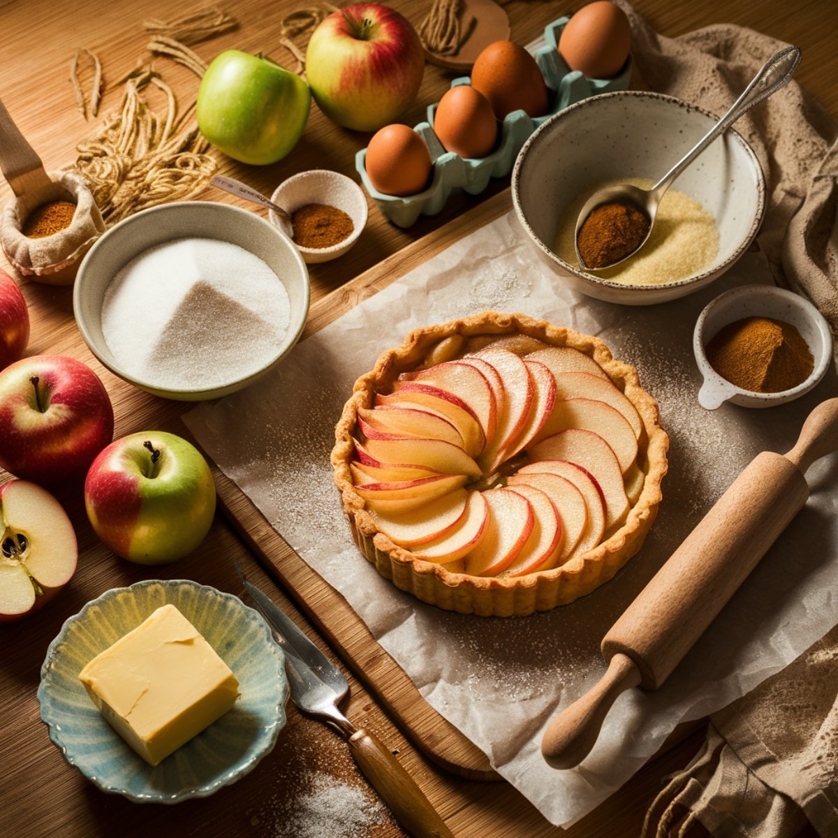 A beautifully arranged Puff Pastry Apple Tart in a cozy kitchen setting. The tart features thinly sliced apples fanned out in a delicate pattern on a golden, flaky crust. Surrounding the tart are key ingredients, including fresh apples, butter, sugar, eggs, and cinnamon, along with a rolling pin and baking tools. The warm, rustic atmosphere highlights the homemade charm of this classic dessert.