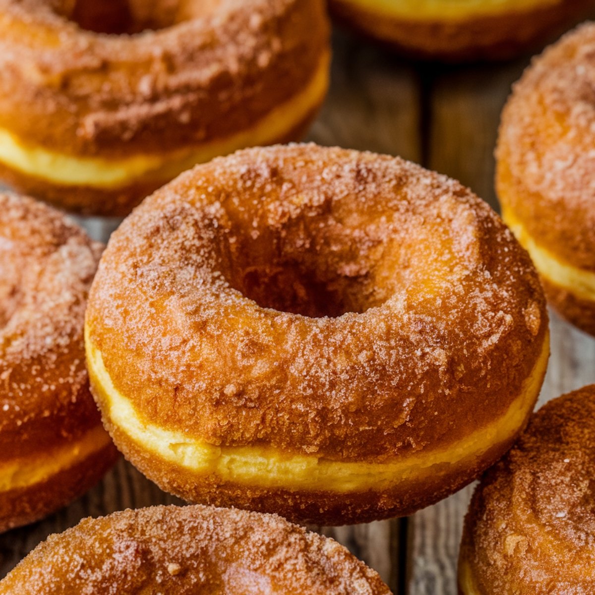 A close-up of homemade pumpkin donuts coated in a cinnamon-sugar blend, showcasing their golden-brown, fluffy texture. These deep-fried treats are bursting with warm fall flavors, making them a perfect seasonal indulgence.