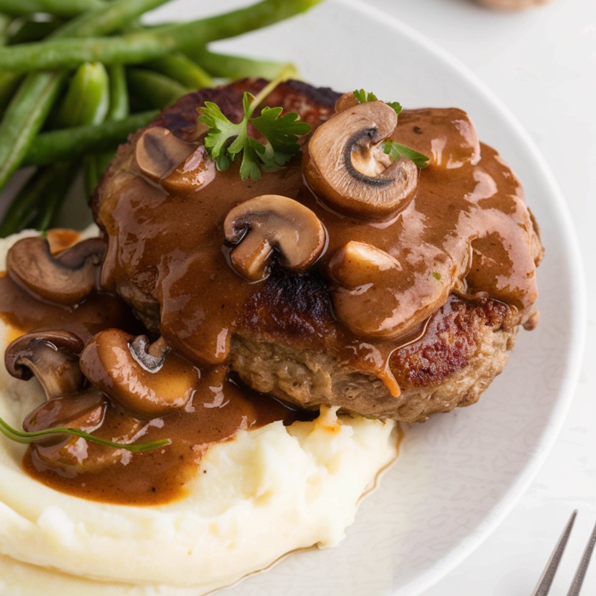 A plate of homemade Salisbury steak smothered in rich mushroom gravy, served with creamy mashed potatoes and fresh green beans. The steak is seared to perfection, topped with a savory sauce made from mushrooms, beef broth, and Worcestershire sauce. A comforting and hearty Salisbury steak recipe perfect for a delicious homemade meal.