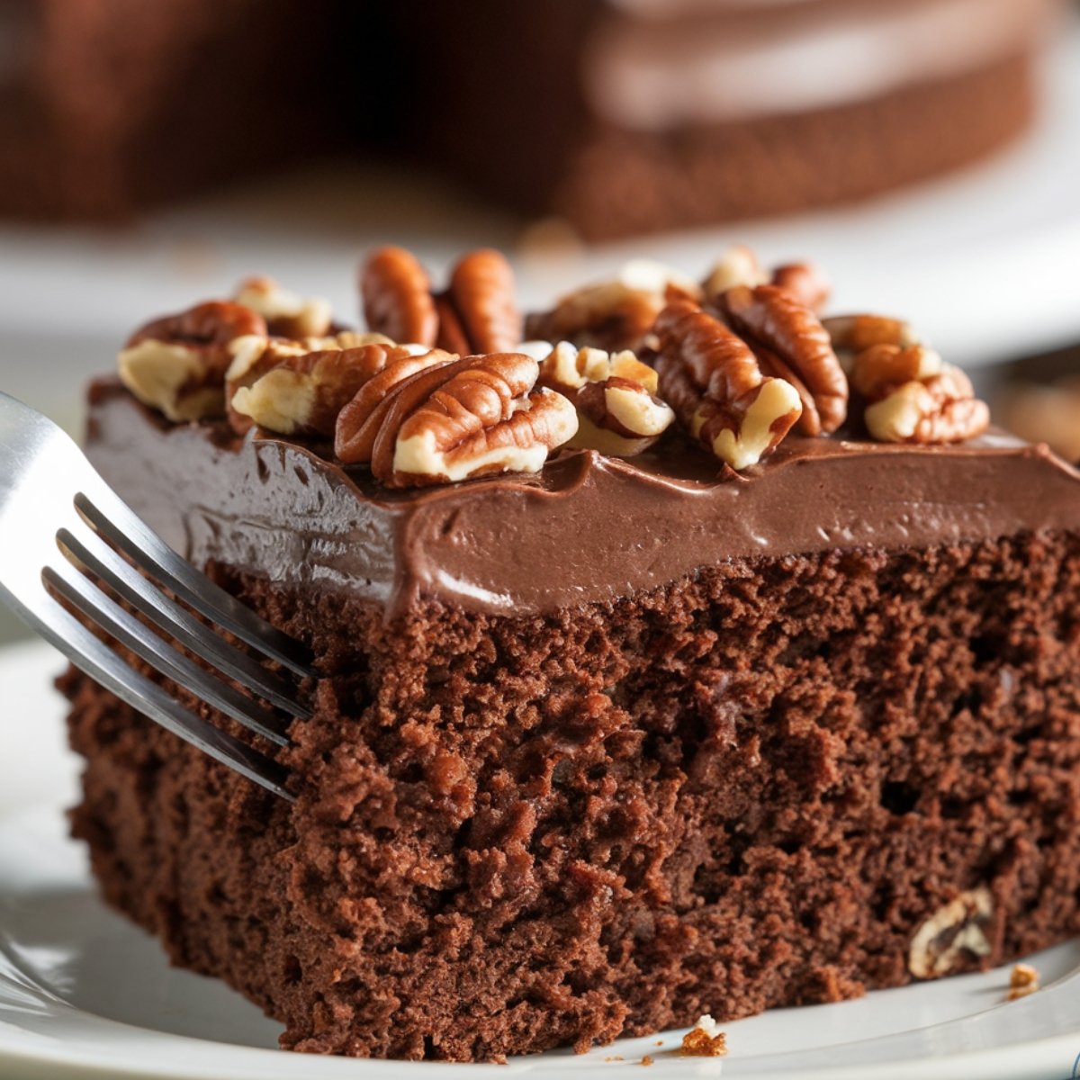 A decadent Texas Sheet Cake recipe, featuring a moist and fudgy chocolate cake topped with creamy chocolate frosting and crunchy toasted pecans. A fork digs into the rich layers, highlighting the indulgent texture of this classic Southern dessert.