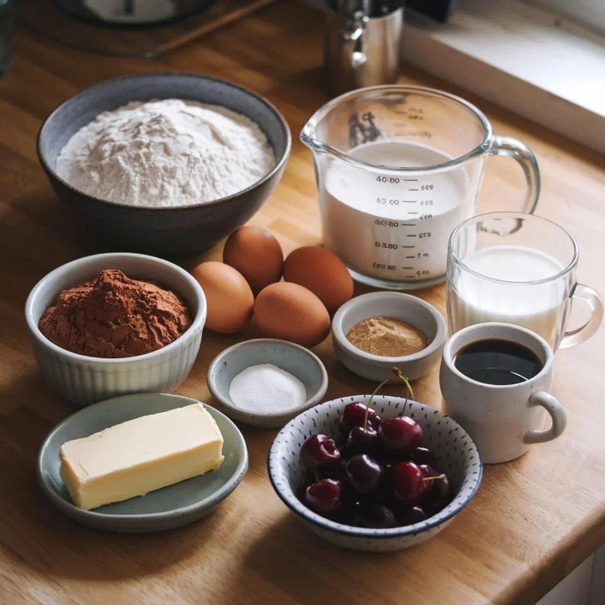 A well-arranged assortment of ingredients for a Chocolate Cherry Cake Recipe displayed on a wooden countertop. The setup includes flour, cocoa powder, eggs, butter, sugar, fresh cherries, espresso, milk, and baking essentials. These ingredients create a rich, moist chocolate cake with a deep flavor enhanced by cherries.