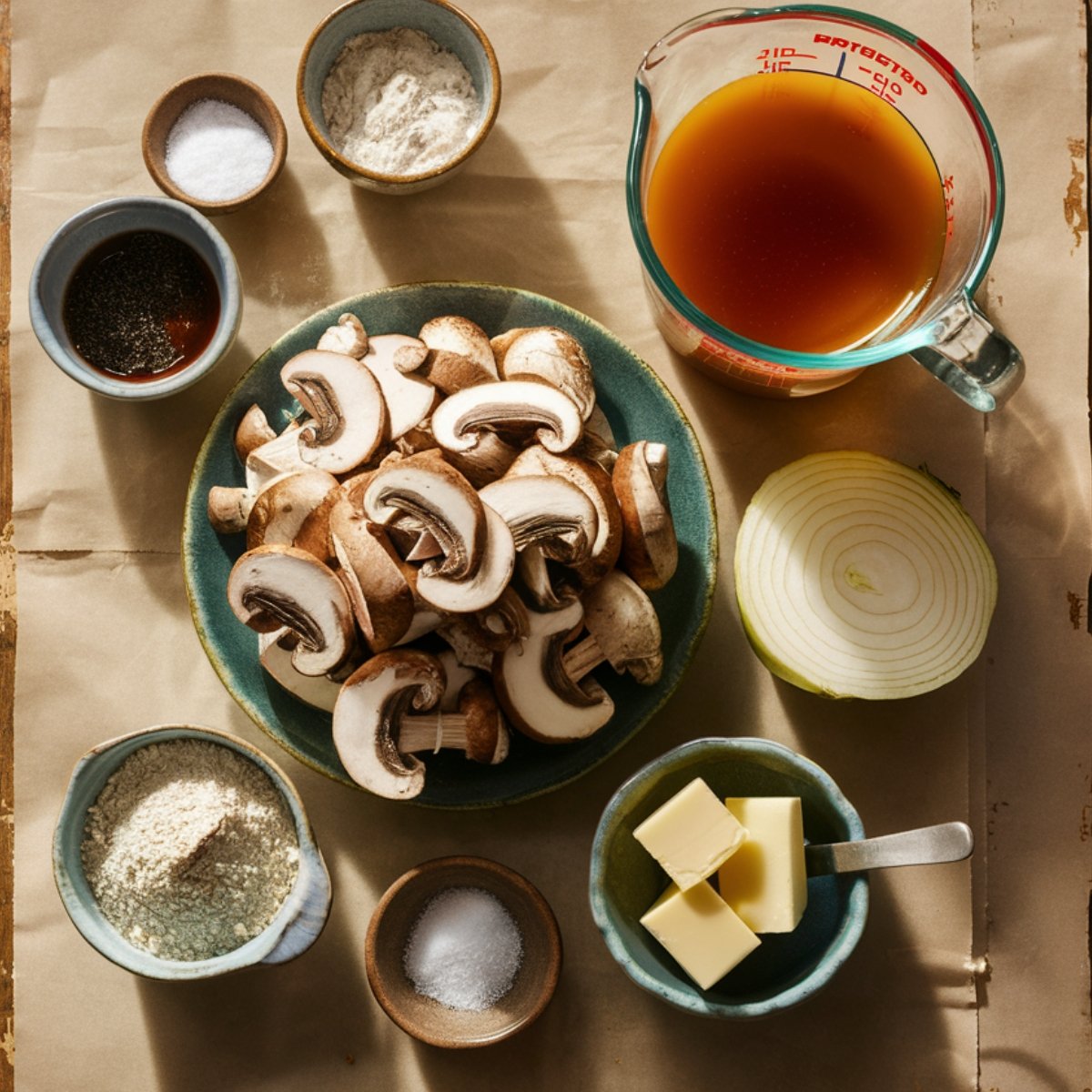 A top-down view of fresh ingredients for a Salisbury steak recipe, featuring sliced mushrooms, beef broth, butter, flour, Worcestershire sauce, salt, pepper, and a sliced onion. These ingredients are essential for making a rich and flavorful homemade mushroom gravy, the perfect topping for Salisbury steak.