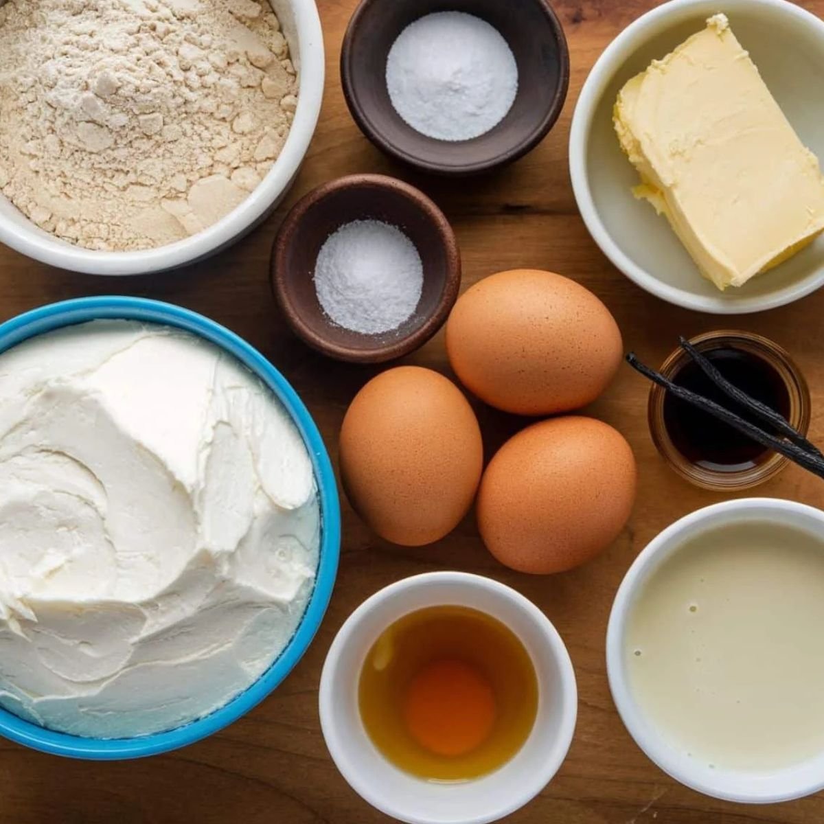 Ingredients for the Strawberry Cheesecake Cake recipe, including flour, eggs, butter, cream cheese, vanilla extract, heavy cream, and sugar, arranged on a wooden surface. These essential baking ingredients form the perfect base for creating a moist and creamy layered dessert.