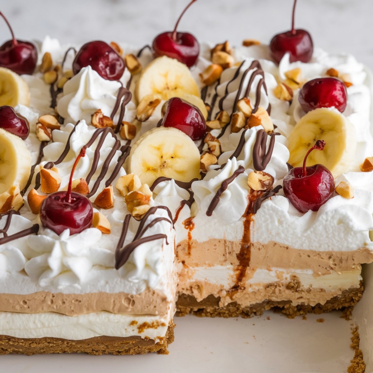 Decadent No-Bake Banana Split Cake Recipe – A layered dessert featuring a crunchy graham cracker crust, creamy banana and chocolate filling, whipped topping, fresh banana slices, maraschino cherries, chopped nuts, and a drizzle of chocolate syrup. A delicious twist on the classic banana split!