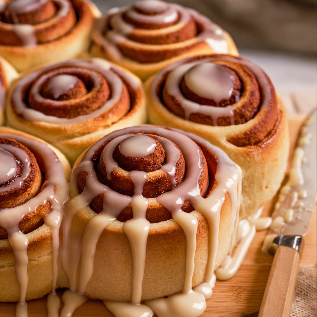 A batch of freshly baked Cake Mix Cinnamon Rolls, golden brown and soft, drizzled generously with sweet vanilla glaze. The rolls are placed on a wooden board with a butter knife nearby, creating a cozy and inviting homemade dessert scene.