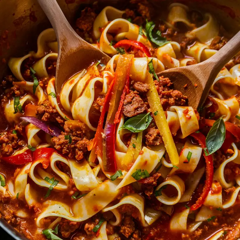 Italian Drunken Noodles Recipe – A vibrant and hearty dish featuring wide pappardelle pasta tossed in a rich tomato-based sauce with Italian sausage, sautéed bell peppers, red onions, and fresh basil. The bold flavors are enhanced with garlic, spices, and a splash of balsamic vinegar, creating a comforting and flavorful pasta dish. Perfect for an easy, rustic Italian-inspired meal.