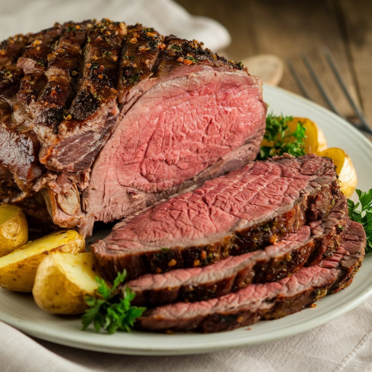 Perfectly cooked Ribeye Roast Recipe with a beautifully seared crust, tender medium-rare center, and served with roasted golden potatoes and fresh herbs for a flavorful, gourmet meal.