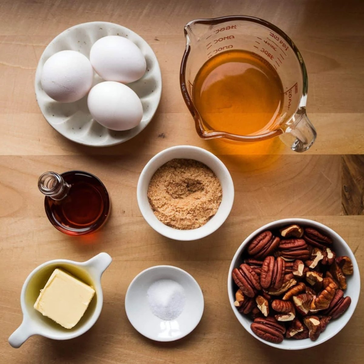 Key ingredients for a bourbon pecan pie recipe, including eggs, bourbon, brown sugar, pecans, butter, vanilla extract, and salt, displayed on a wooden surface. The perfect combination for a rich, nutty, and sweet dessert.