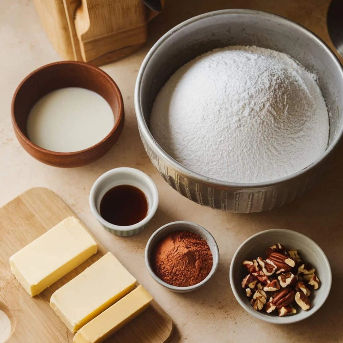 Key ingredients for a Texas Sheet Cake recipe, including flour, cocoa powder, butter, milk, vanilla extract, and chopped pecans, arranged on a rustic kitchen counter. These essential baking ingredients create a rich, chocolatey cake topped with a smooth frosting and crunchy pecans.