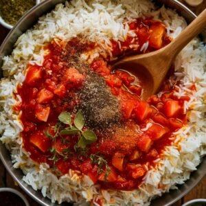 A close-up of a mixing bowl filled with cooked white rice, diced tomatoes, rich tomato sauce, and a blend of seasonings, including black pepper, paprika, and fresh oregano. A wooden spoon is stirring the mixture, creating the flavorful filling for the Old Fashioned Stuffed Bell Peppers Recipe, a classic comfort food dish.