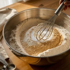 A stainless steel mixing bowl filled with dry ingredients, including protein powder, flour, and sweetener, being whisked together to prepare a protein cookie dough recipe. The warm lighting and natural textures create a cozy baking scene, highlighting the wholesome and nutritious ingredients used in this healthy, high-protein treat.