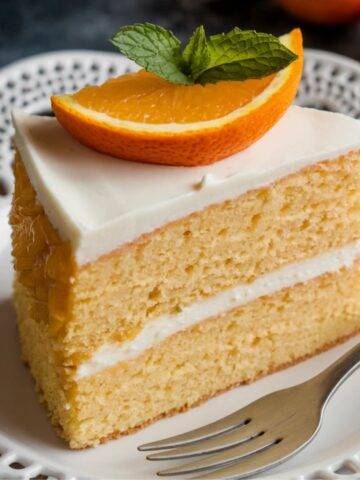 A slice of Mandarin Orange Cake with creamy frosting, topped with a fresh mandarin orange wedge and a sprig of mint. This moist, citrus-infused cake features two layers of fluffy sponge cake with a smooth cream cheese frosting, making it a delightful dessert for any occasion.