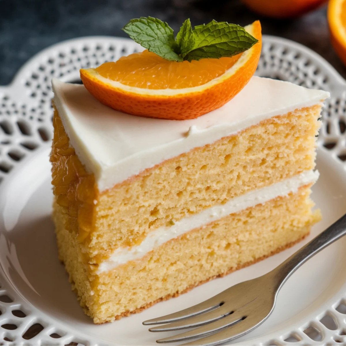 A slice of Mandarin Orange Cake with creamy frosting, topped with a fresh mandarin orange wedge and a sprig of mint. This moist, citrus-infused cake features two layers of fluffy sponge cake with a smooth cream cheese frosting, making it a delightful dessert for any occasion.