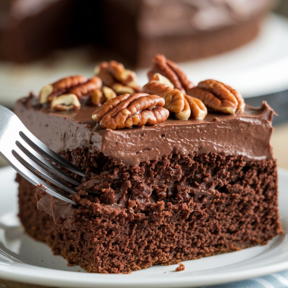 A rich and moist Texas Sheet Cake recipe, featuring a fudgy chocolate cake topped with velvety chocolate frosting and crunchy toasted pecans. A fork takes a bite, showcasing the soft texture and decadent layers of this classic Southern dessert.