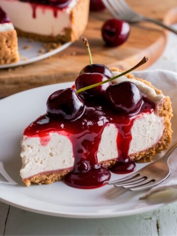 Cherry Cheesecake Recipe – A creamy no-bake cheesecake with a buttery graham cracker crust, topped with a glossy homemade cherry topping. Fresh whole cherries and rich cherry sauce drizzle down the sides, making this a delicious and elegant dessert for any occasion.