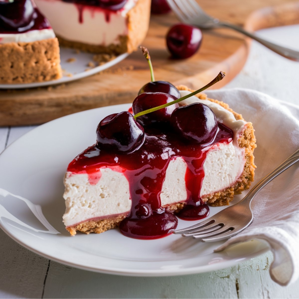 Cherry Cheesecake Recipe – A creamy no-bake cheesecake with a buttery graham cracker crust, topped with a glossy homemade cherry topping. Fresh whole cherries and rich cherry sauce drizzle down the sides, making this a delicious and elegant dessert for any occasion.