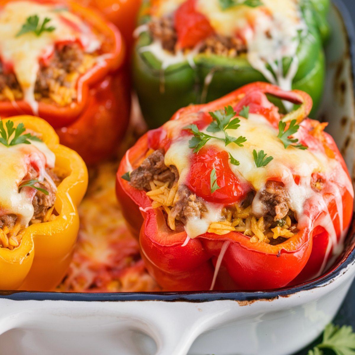 Old Fashioned Stuffed Bell Peppers Recipe featuring vibrant red, yellow, and green bell peppers filled with a savory mixture of ground beef, rice, and tomato sauce, topped with melted cheese and garnished with fresh parsley. Baked in a white casserole dish, this classic comfort food is rich, hearty, and full of flavor.