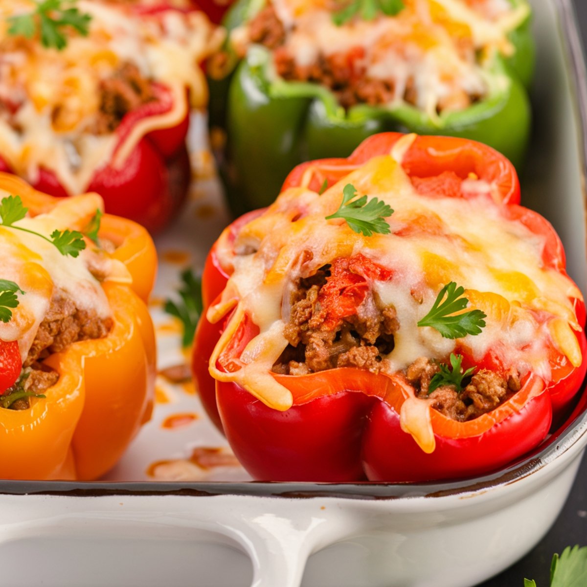 Old-Fashioned Stuffed Bell Peppers Recipe featuring vibrant red, yellow, and green bell peppers stuffed with a hearty mixture of ground beef, rice, and tomato sauce. Topped with melted cheese and garnished with fresh parsley, these baked stuffed peppers are a comforting and classic homemade dish.