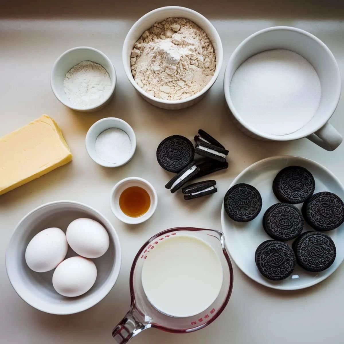 Oreo Cupcake Recipe Ingredients – Butter, Sugar, Eggs, Flour, Baking Powder, Vanilla, Milk, and Crushed Oreo Cookies for the Perfect Cookies & Cream Cupcakes.