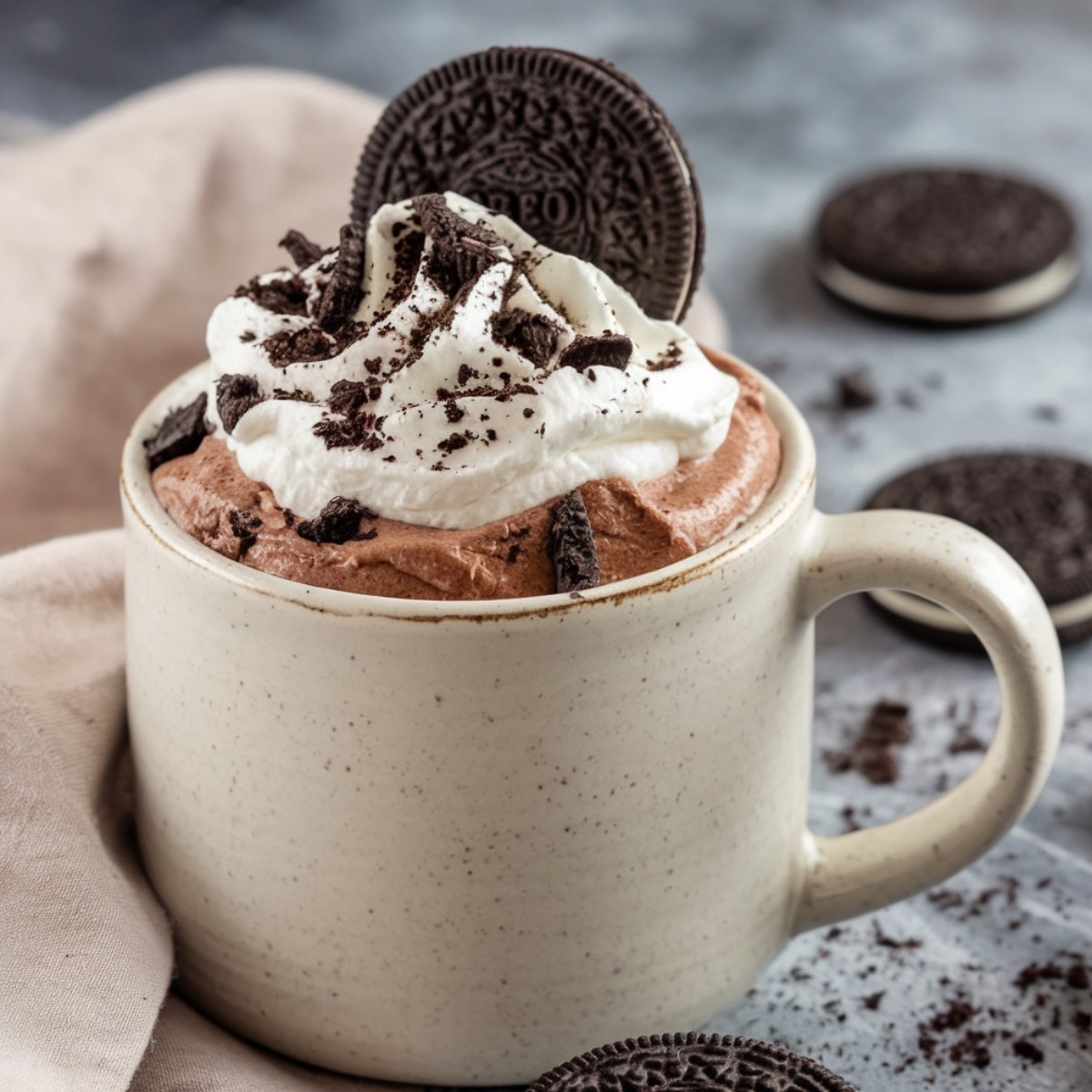 A creamy and chocolatey Oreo mug cake recipe topped with whipped cream, crushed Oreo cookies, and a whole Oreo biscuit, served in a rustic ceramic mug. A quick and easy dessert made in minutes.