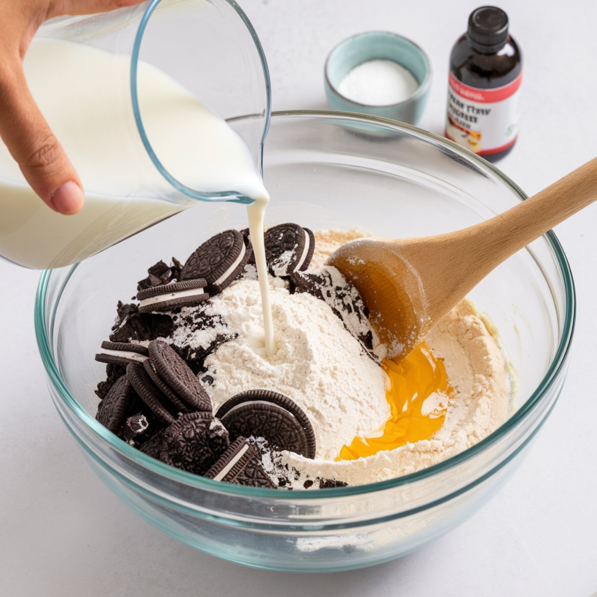 A mixing bowl filled with flour, crushed Oreo mug cake recipe cookies, an egg, and a wooden spoon, as milk is being poured in. Vanilla extract and sugar are in the background, creating a delicious Oreo mug cake batter.