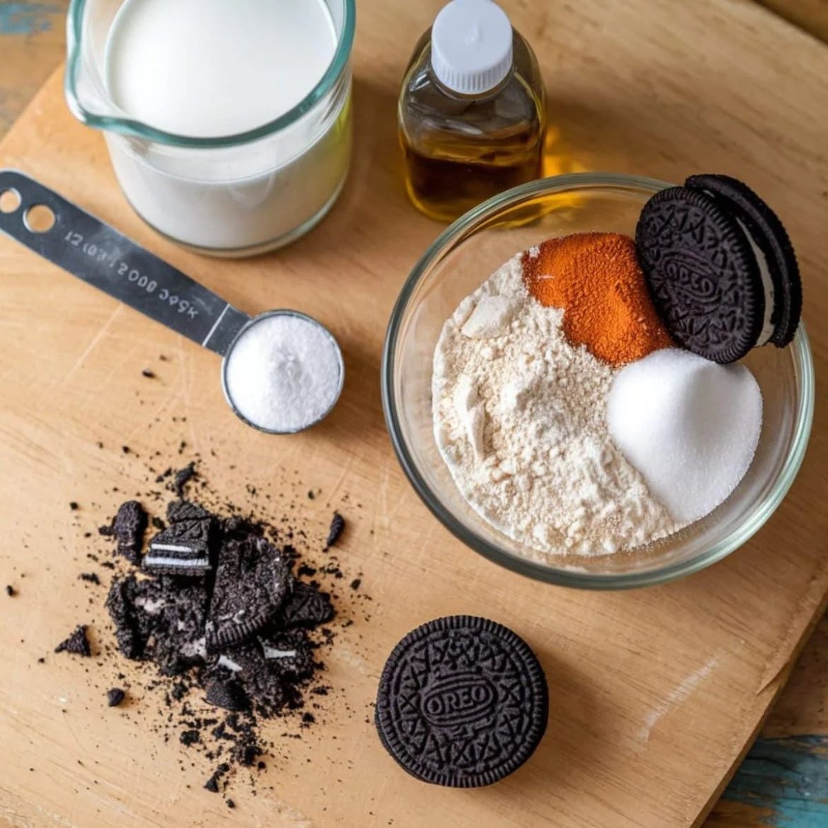 Ingredients for an Oreo mug cake recipe, including crushed Oreo cookies, flour, sugar, baking powder, milk, vanilla extract, and salt, arranged on a wooden surface. A quick and easy dessert made with simple ingredients.