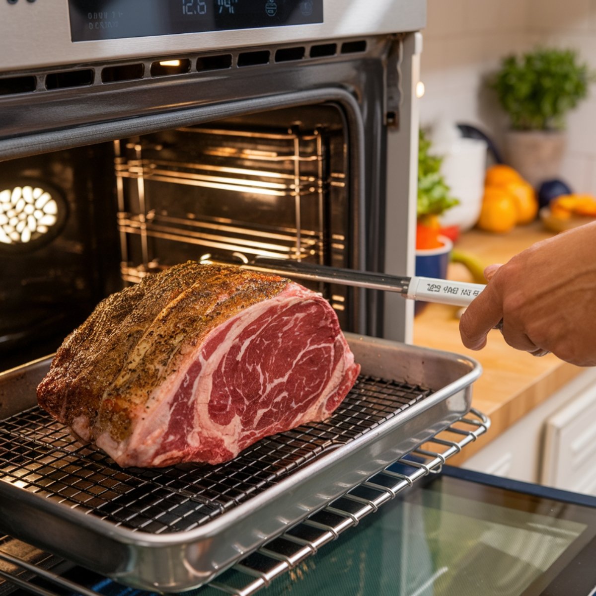 Oven-Perfect Ribeye Roast Recipe in the making—A seasoned ribeye roast placed on a roasting rack, ready to cook, with a meat thermometer inserted for precision roasting in a preheated oven.