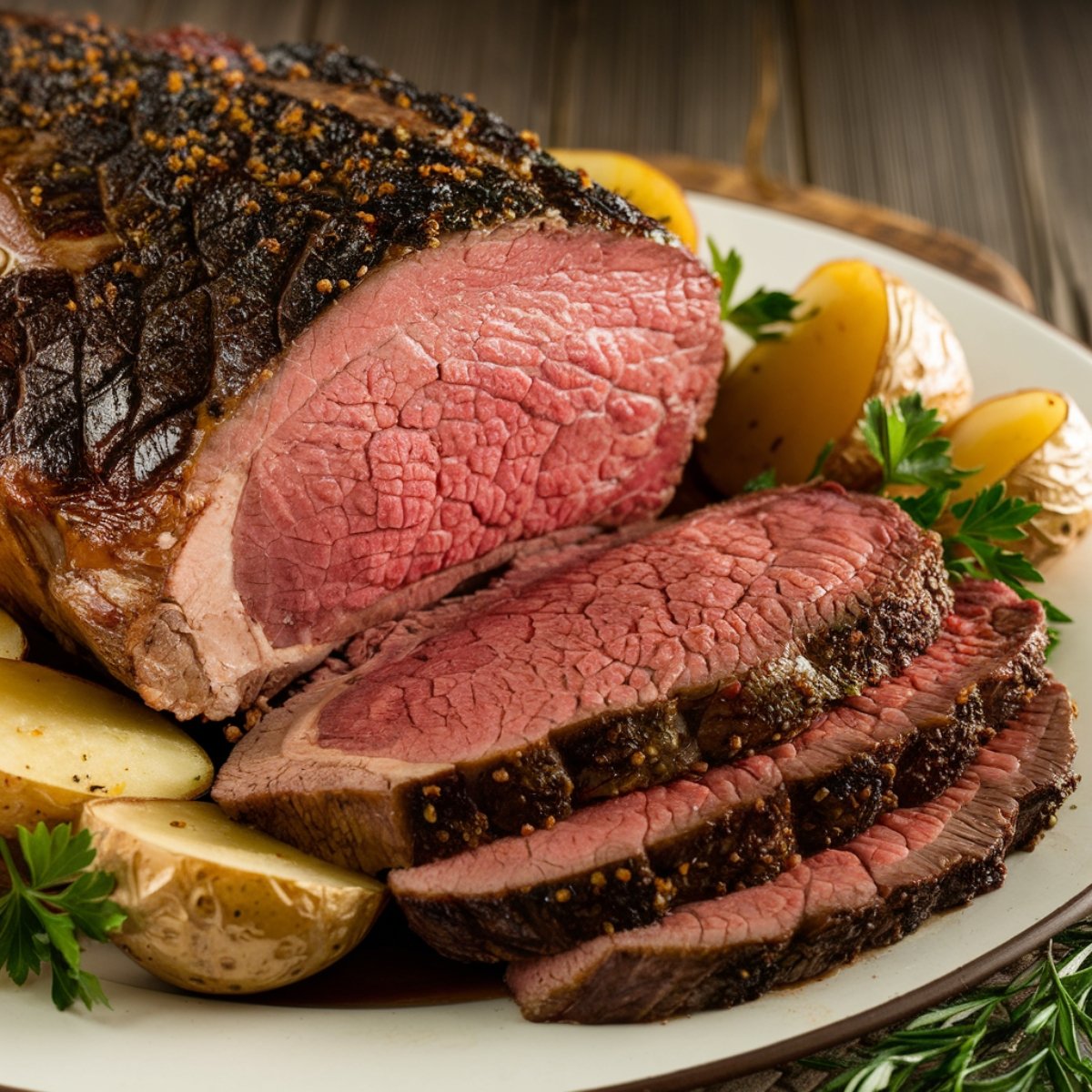 Perfectly cooked Ribeye Roast Recipe with a crispy, seasoned crust and a juicy, medium-rare center, served with golden roasted potatoes and fresh herbs for a delicious and flavorful meal.