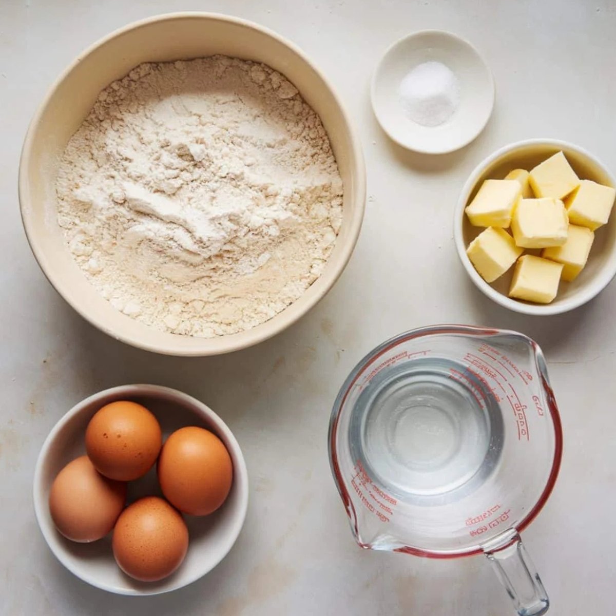 Ingredients for Pizza Rustica Recipe dough, including flour, eggs, butter, salt, and water, arranged on a white surface. This homemade crust is the perfect base for an authentic Italian Easter Pie.